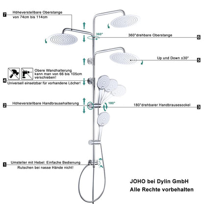 JOHO Duschsystem Regendusche - Edelstahl Rund D25cm