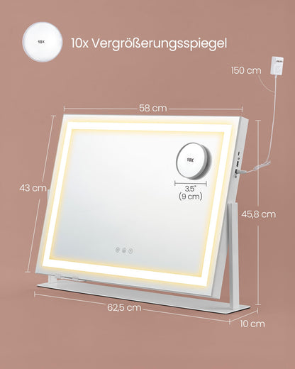 SONGMICS Schminkspiegel mit Beleuchtung, 15 LED, 58 x 43 cm, LWM002W02