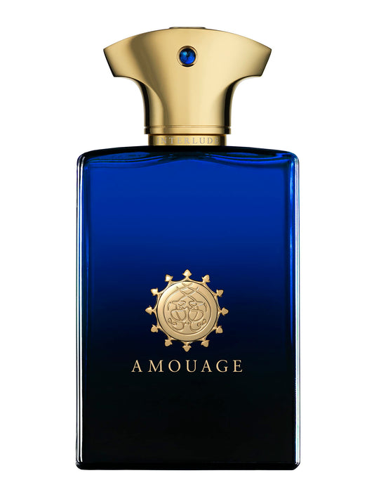 Amouage Interlude Man Eau de Parfum – 100 ml. Dunkelblaue Flasche mit Goldkappe. Herren-Eau de Parfum zur Beduftung der Haut.