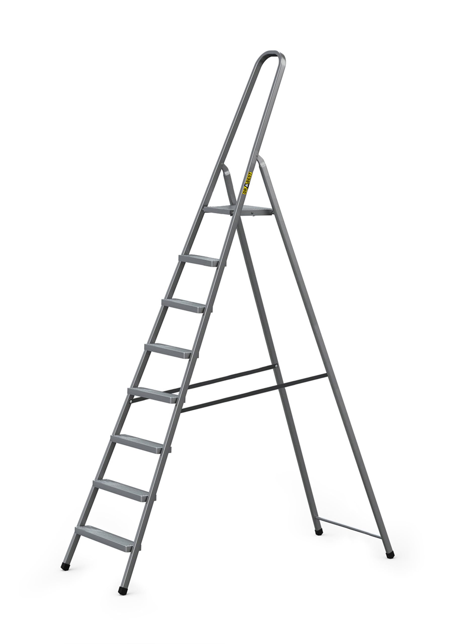 DRABEST Stehleiter 8 Stufen – Trittleiter aus Stahl Grau. Robuste Klappleiter für sicheren, erhöhten Zugang bei Arbeiten.