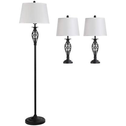 HOMCOM 3er Lampen Set Vintage – 2 Tisch-, 1 Stehlampe Schwarz Weiss. Schwarze und weiße Leuchten im Vintage-Stil zur Ambientebeleuchtung in Wohnräumen.