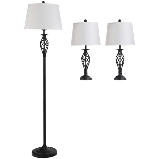 HOMCOM 3er Lampen Set Vintage – 2 Tisch-, 1 Stehlampe Schwarz Weiss. Schwarze und weiße Leuchten im Vintage-Stil zur Ambientebeleuchtung in Wohnräumen.