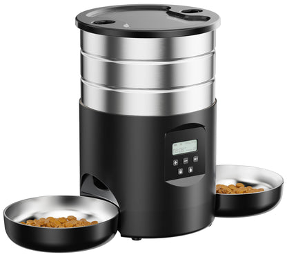 Futterautomat Katze 5L: Silberner Edelstahl-Dispenser mit Timer. Portioniert Katzenfutter automatisch in zwei Näpfe.