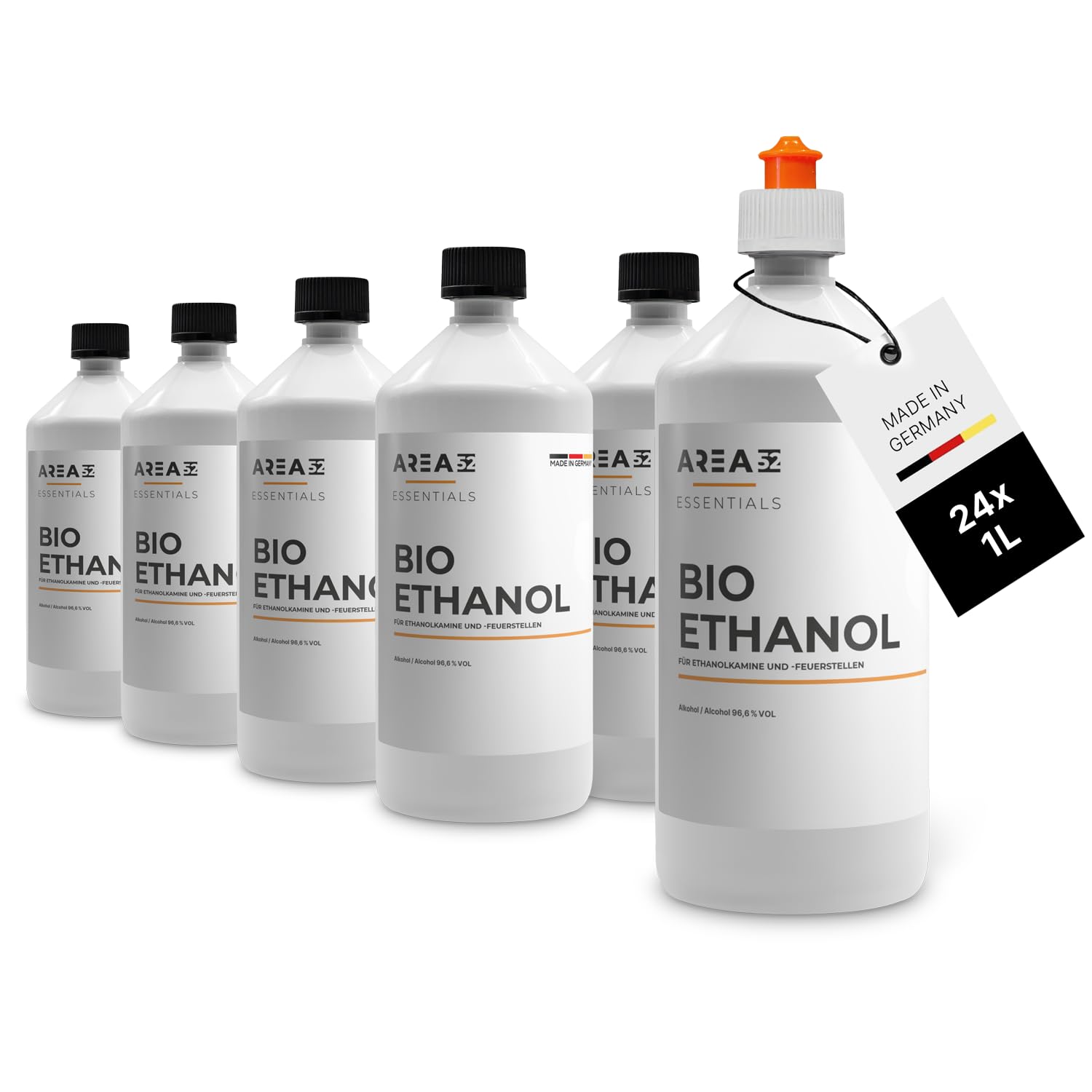 Area52 reiner Bioethanol 96.6% Kaminethanol geruchlos – 24x1L Set: 24 Flaschen mit klarem Bioethanol für Ethanol-Kamine.