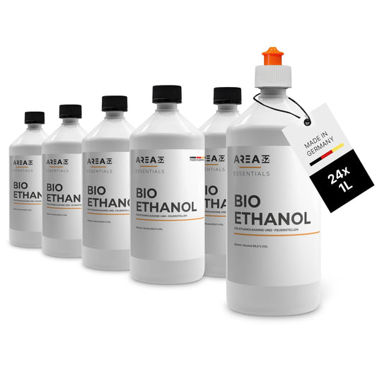 Area52 reiner Bioethanol 96.6% Kaminethanol geruchlos – 24x1L Set: 24 Flaschen mit klarem Bioethanol für Ethanol-Kamine.