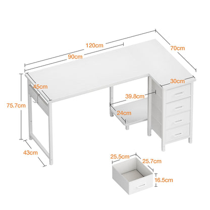 Coleshome Eckschreibtisch L-Form 120x70 cm mit 4 Schubladen, Weiss