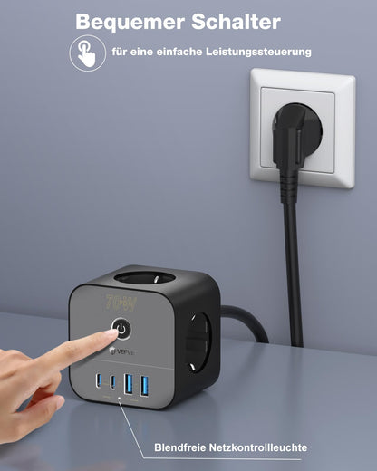 VEFVE CubePulse70 Steckdosenwürfel 70W USB-C 7-in-1 mit 3 m Kabel