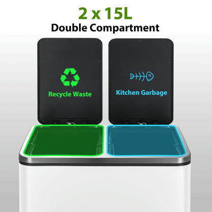 LIFERUN Doppelfach Treteimer 2x15L Metall Softclose Weiss