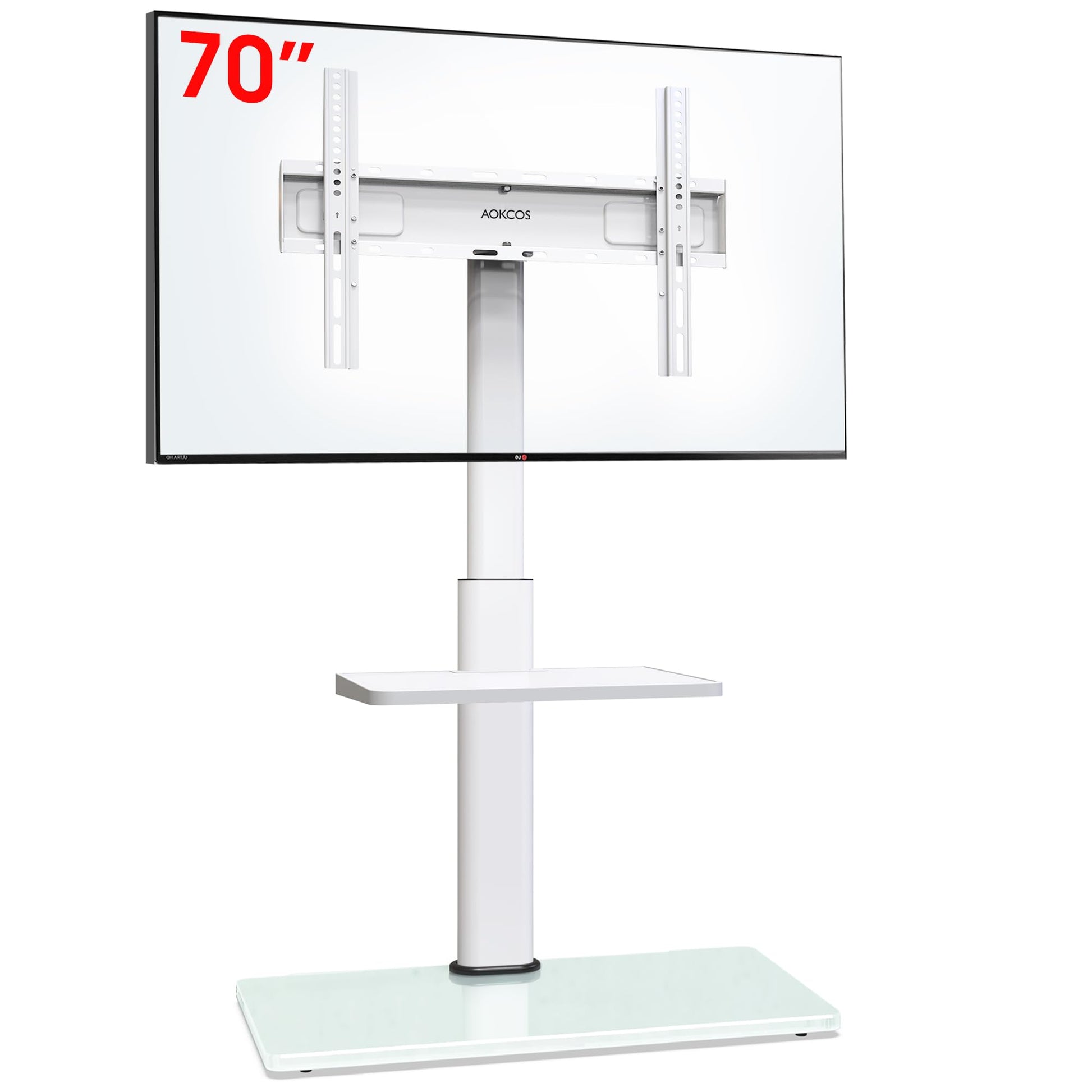 AOKCOS TV Bodenständer höhenverstellbar schwenkbar mit Ablagen, Weiss. Zur flexiblen Positionierung eines Fernsehers im Raum.