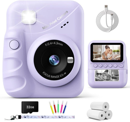 TIATUA Kinderkamera Sofortbildkamera 48MP mit 32 GB Karte, lila, Sofortdruckkamera mit 3-Zoll-Display