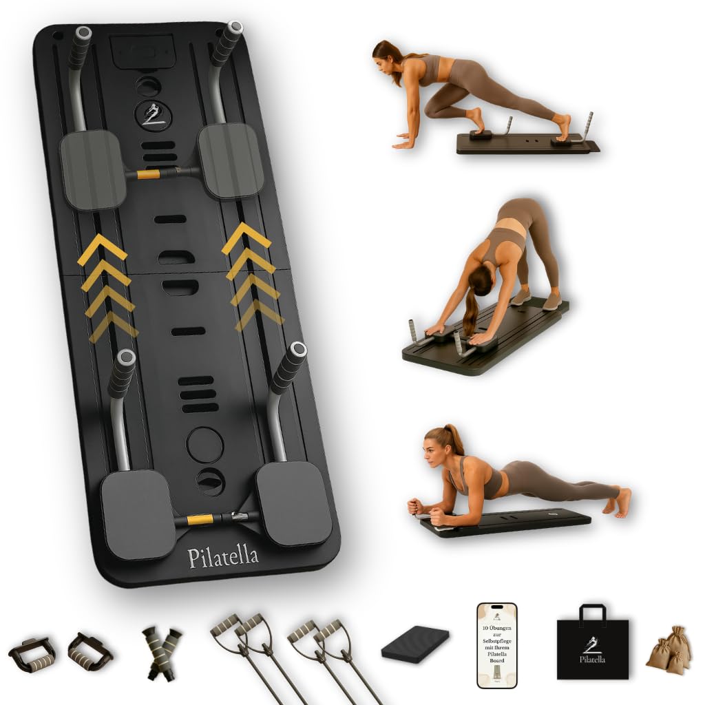 Pilatella Pilates Board faltbar, 5-in-1 Reformer für Zuhause, schwarz – Gleitboard mit zwei Widerstandsbändern