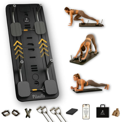 Pilatella Pilates Board faltbar, 5-in-1 Reformer für Zuhause, schwarz – Gleitboard mit zwei Widerstandsbändern