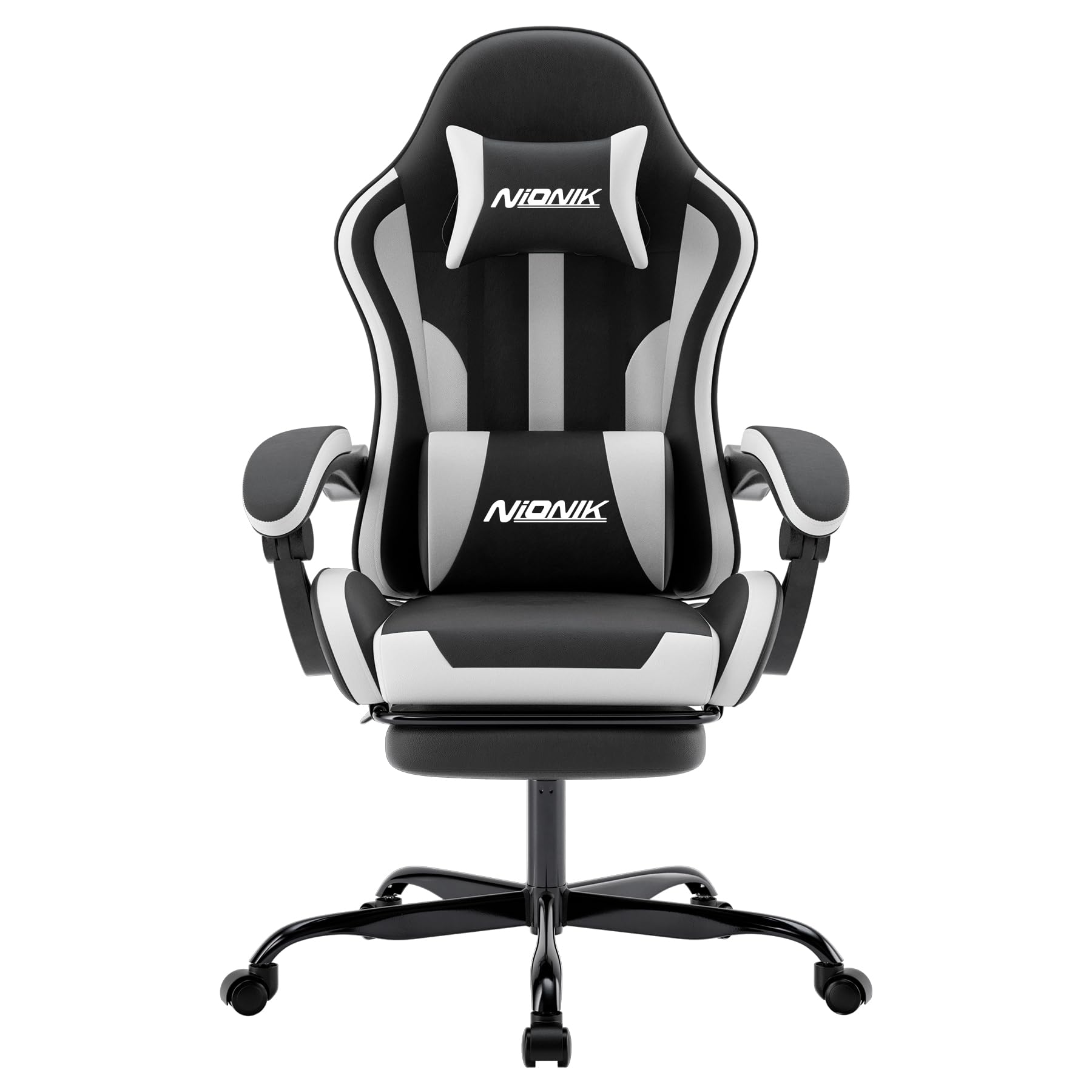 NIONIK Gamer Stuhl Bürostuhl - mit Fussstütze schwarzweiss. Ergonomisch, schwarz-weiss, Fussstütze. Für Gaming/Büro.