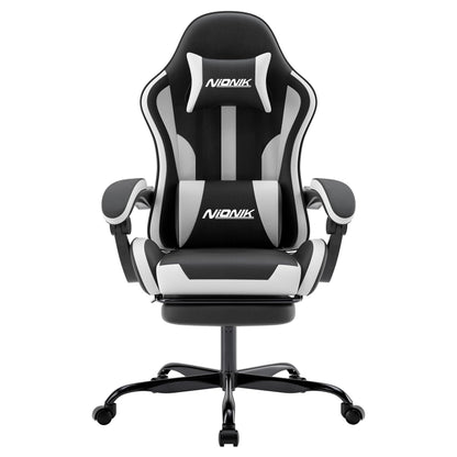 NIONIK Gamer Stuhl Bürostuhl - mit Fussstütze schwarzweiss. Ergonomisch, schwarz-weiss, Fussstütze. Für Gaming/Büro.