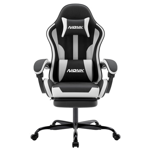 NIONIK Gamer Stuhl Bürostuhl - mit Fussstütze schwarzweiss. Ergonomisch, schwarz-weiss, Fussstütze. Für Gaming/Büro.