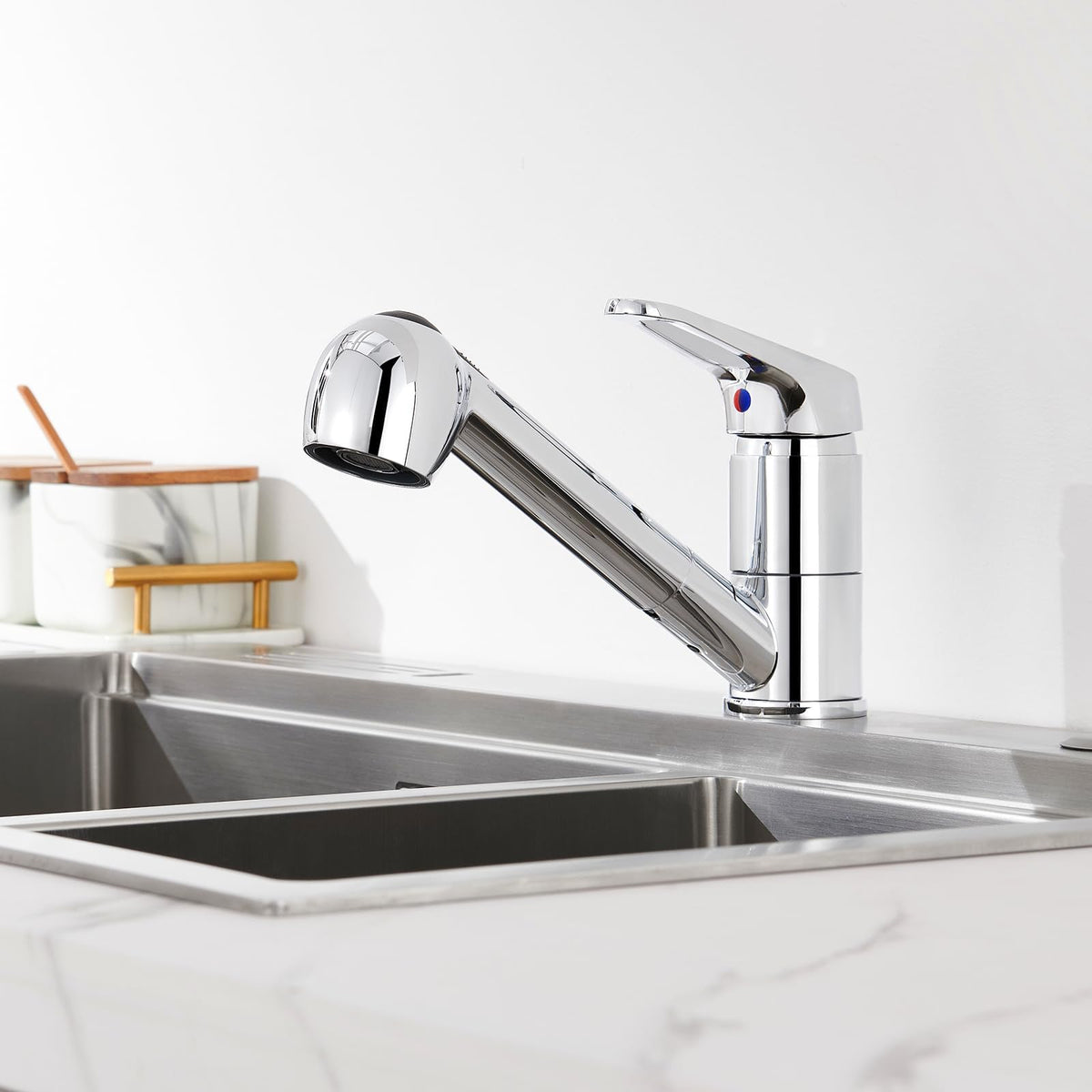 Auralum Küchenarmatur ausziehbar mit Brause, 360° schwenkbar, Chrom, verchromte Oberfläche