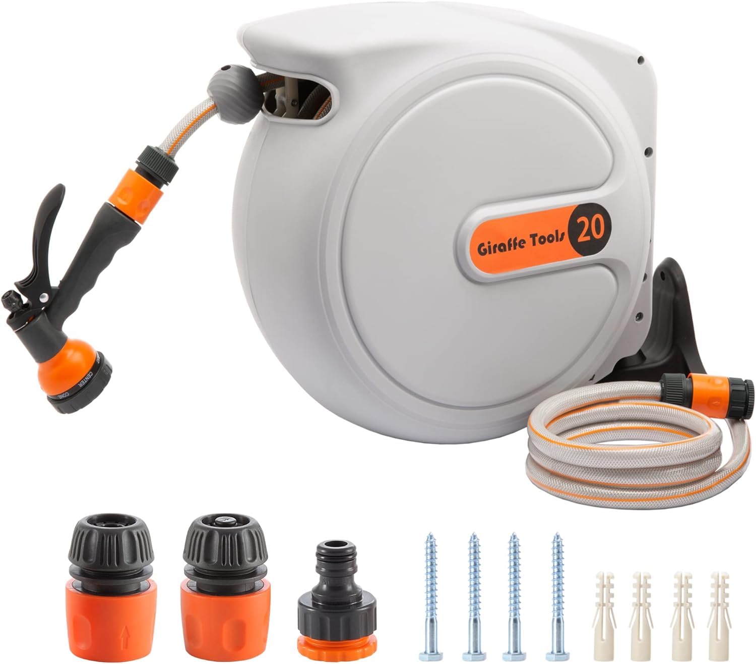 Giraffe Tools Automatische Schlauchtrommel 20m + 2m, 180° schwenkbar, Wandhalterung mit Multibrause