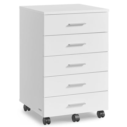 VASAGLE Rollcontainer mit 5 Schubladen, Aktenschrank, wolkenweiss, weisser Korpus auf 5 Rollen