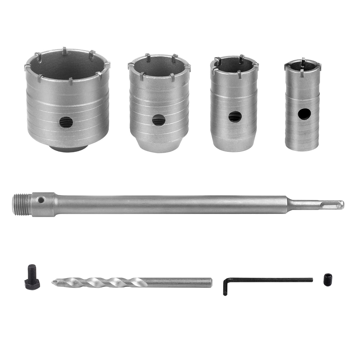 MAXAZTEX Trockenbohrkronen-Set 6-teilig Ø 30–68 mm SDS-plus für Beton, vier Stahlkronen mit Verbindungsstange