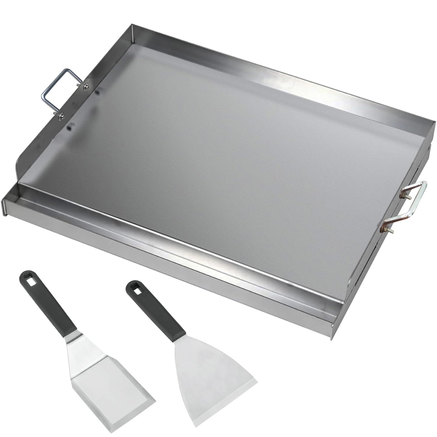 CAVATINY Edelstahl Grillplatte BBQ Plancha 54x41 cm mit Spachtel-Set, silber, rechteckig, beidseitige Griffe