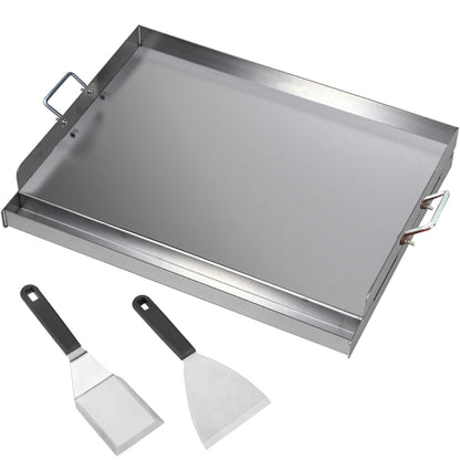 CAVATINY Edelstahl Grillplatte BBQ Plancha 54x41 cm mit Spachtel-Set, silber, rechteckig, beidseitige Griffe