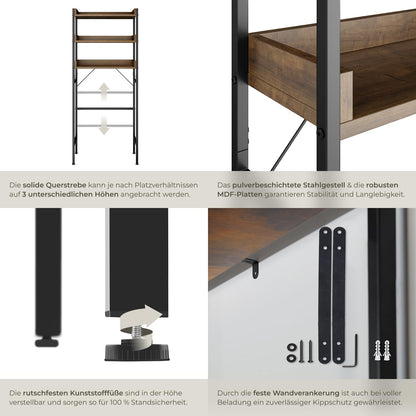 tectake Badezimmerregal mit 3 Ablagen, Industrial Design, dunkelbraun