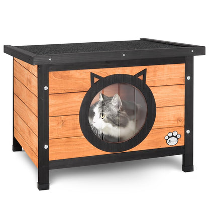 VOUNOT Katzenhaus aus Holz, wetterfest, Katzenohren-Design, 57x45x43cm – mit schrägem Asphaltdach und ohrenförmigem Eingang