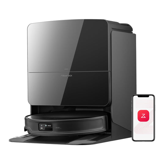 roborock Saros 10R Saugroboter mit Wischfunktion - Ultra Slim, rund, sehr flach, dunkelgrau. Er saugt und wischt Böden automatisch.