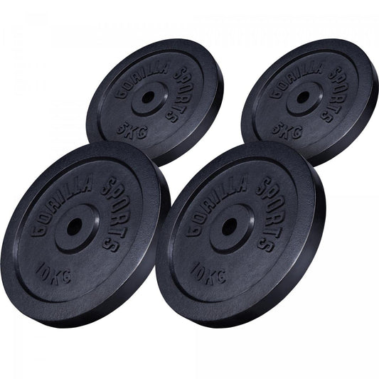 GORILLA SPORTS Hantelscheiben Gusseisen – 30/31mm Bohrung. Runde, schwarze Scheiben zum Gewichtstraining auf Langhanteln.