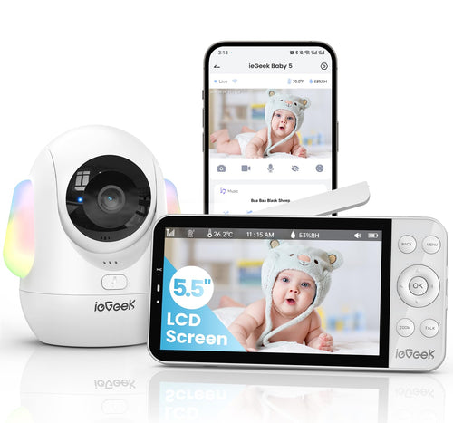 ieGeek Baby 5 Babyphone mit Kamera, 2,5K WLAN, 5,5 Zoll, PTZ 360° mit farbigem Nachtlicht und Gegensprechfunktion