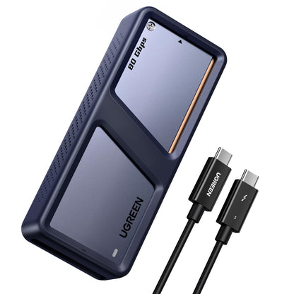UGREEN 80Gbps M2 SSD NVMe Gehäuse Thunderbolt 5/4 USB4. Schwarz, rechteckig. Ermöglicht externen Hochgeschwindigkeits-Datenzugriff.