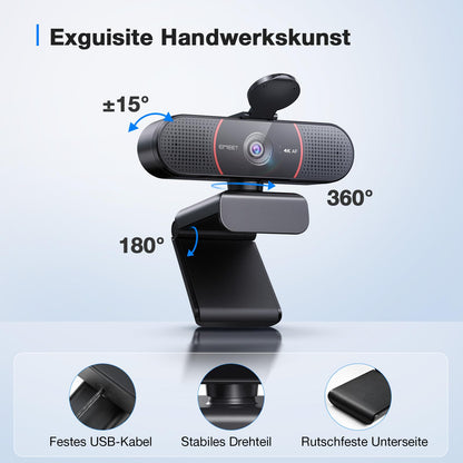 EMEET C960 4K UHD Webcam - Dual Mic, Auto-Lichtkorrektur, Abdeckung