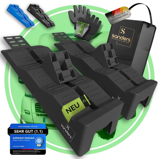 Sanders Robuste Auffahrkeile Wohnmobil mit Stopper - 2er Set. Keilförmig, zum Nivellieren und Sichern von Wohnmobilen.