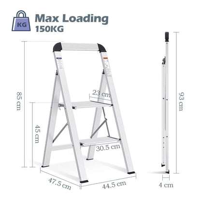 KINGRACK Leiter Aluminium, Trittleiter 2 stufen klappbar, leiter 2 stufen mit Handlauf, rutschfeste Haushaltsleiter mit Klappsicherung, Aluleiter Belastbar bis 150 kg, für Zuhause, Büro,Garten,Silber