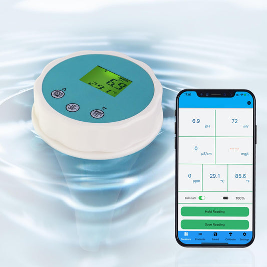 AquaSmart 6-in-1 Wassertester – Bluetooth Pool pH Chlor Messgerät. Handliches, weiß-blaues Gerät zur präzisen Poolwasseranalyse (pH, Chlor).