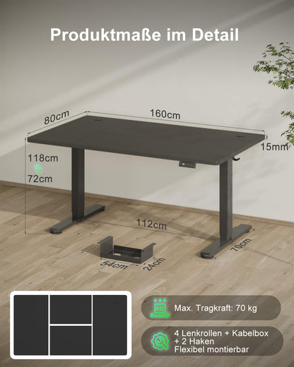 Devoko Höhenverstellbarer Schreibtisch Elektrisch 160x80cm Schwarz