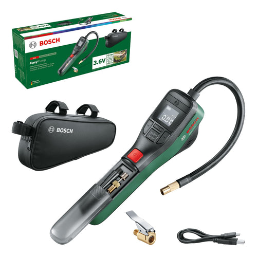 Bosch EasyPump Elektrische Fahrradpumpe – 3,0 Ah Akku, USB-C. Kompakte, grün-schwarze Pumpe mit Digitalanzeige, füllt Reifen präzise.
