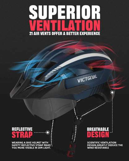 Victgoal Fahrradhelm MTB VG112 mit Magnet-Schutzbrille, Marine, L