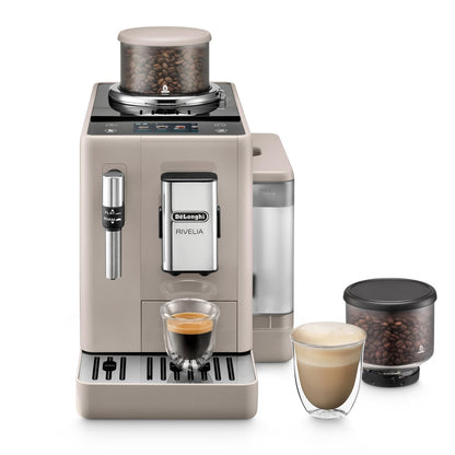 De’Longhi Rivelia Kaffeevollautomat mit Milchsystem - Beige, rechteckig, bereitet Kaffee und Milchgetränke vollautomatisch zu.