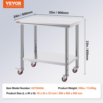 VEVOR Edelstahl Arbeitstisch Küche – 90x60x85cm mit Rollen