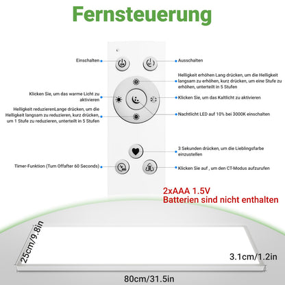 zemty LED Panel Deckenleuchte 80x25 cm, 40W dimmbar mit Fernbedienung