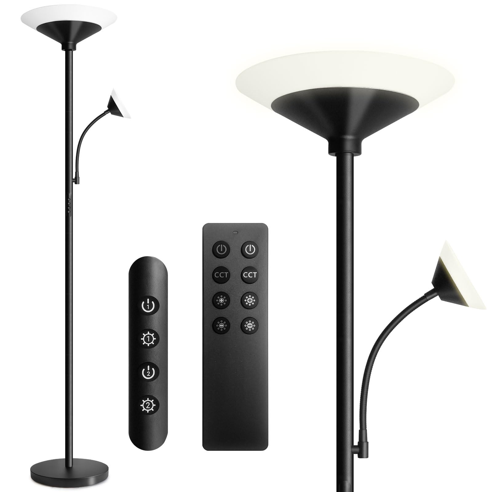 BBHome Deckenfluter Stehlampe LED Dimmbar mit Leselampe - Schwarz. Schwarze LED-Stehlampe mit Uplight und flexiblem Lese-Arm für Raum- und Akzentbeleuchtung.
