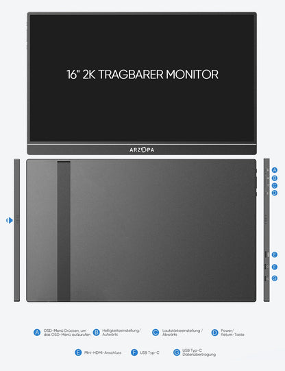 ARZOPA Z1RC 16 Zoll 2.5K Portabler Zweitbildschirm USB-C HDMI