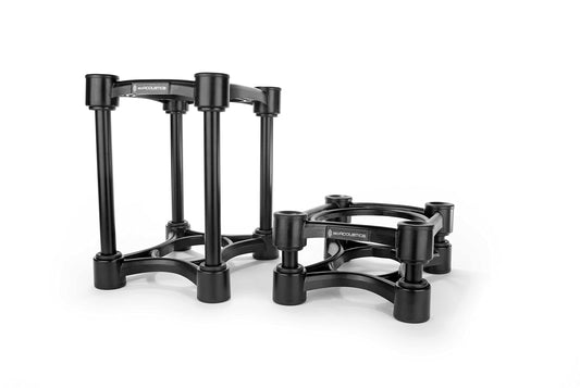 IsoAcoustics Iso-155 Lautsprecherstative. Schwarze, höhenverstellbare Stative zur akustischen Entkopplung und präzisen Positionierung von Monitoren.