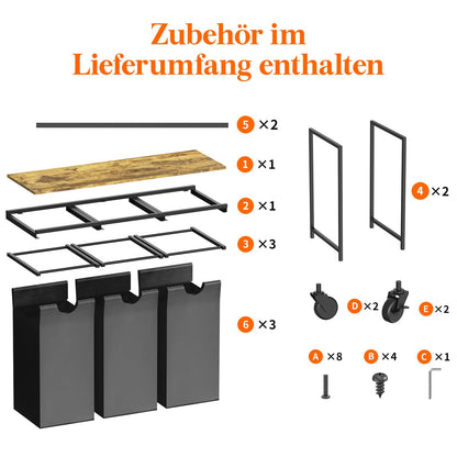 Lifewit Wäschekorb 3 Fächer auf Rollen 120L – Schwarz