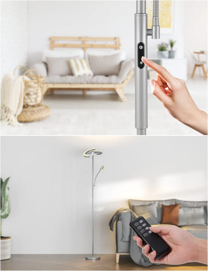 Amdelne LED Stehleuchte Dimmbar mit Leselampe – Grau Deckenfluter