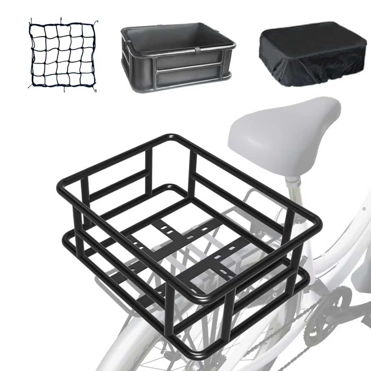 HopesEager Fahrradkorb hinten Metall – Gross mit Innensack. Rechteckiger, schwarzer Korb mit Stoffsack, am Gepäckträger für Transport.