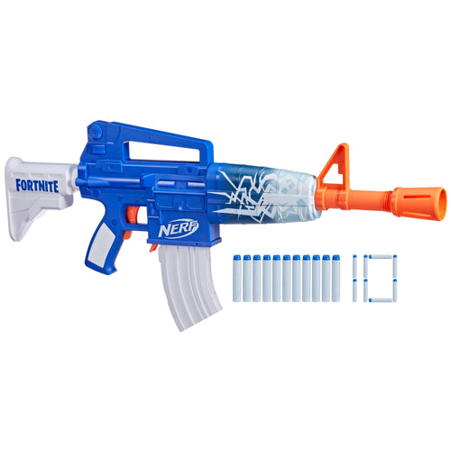 Nerf Fortnite Blue-Shock Dartblaster motorisiert, 10 Darts – blaues Shock-Wrap-Design, abnehmbarer 10-Dart-Clip