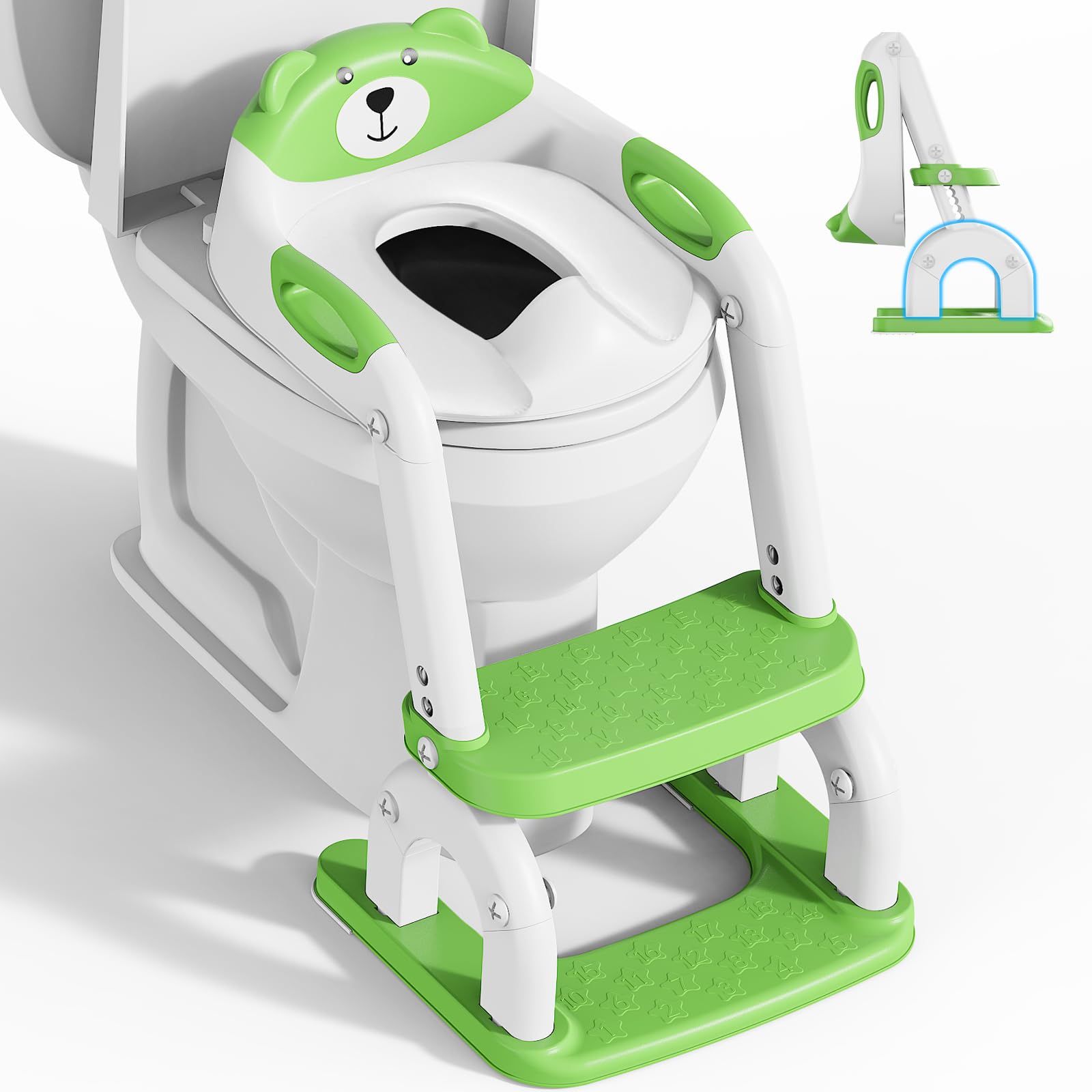 KYYOKE Toilettentrainer mit Treppe, 2-in-1 Kindertoilettensitz grün – WC-Aufsatz mit dreistufiger Trittfläche