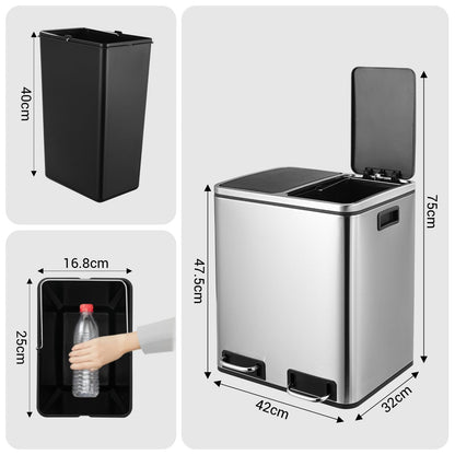 LIFERUN Mülleimer Treteimer 2x15L Metall - Doppelfach Softclose